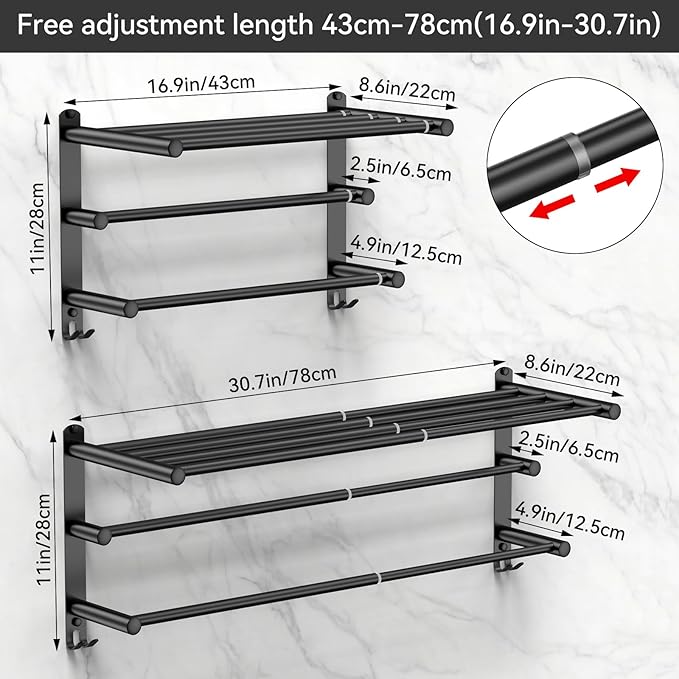 CAXIMSY Black Adjustable Towel Bar for Bathroom Wall Mount17-30.7inch Adhesive Shower Towel Rack Stainless Steel Bath Towel Holders for Toilet Kitchen Double Towel Hanger (Black 3-Layer Towel Rack)
