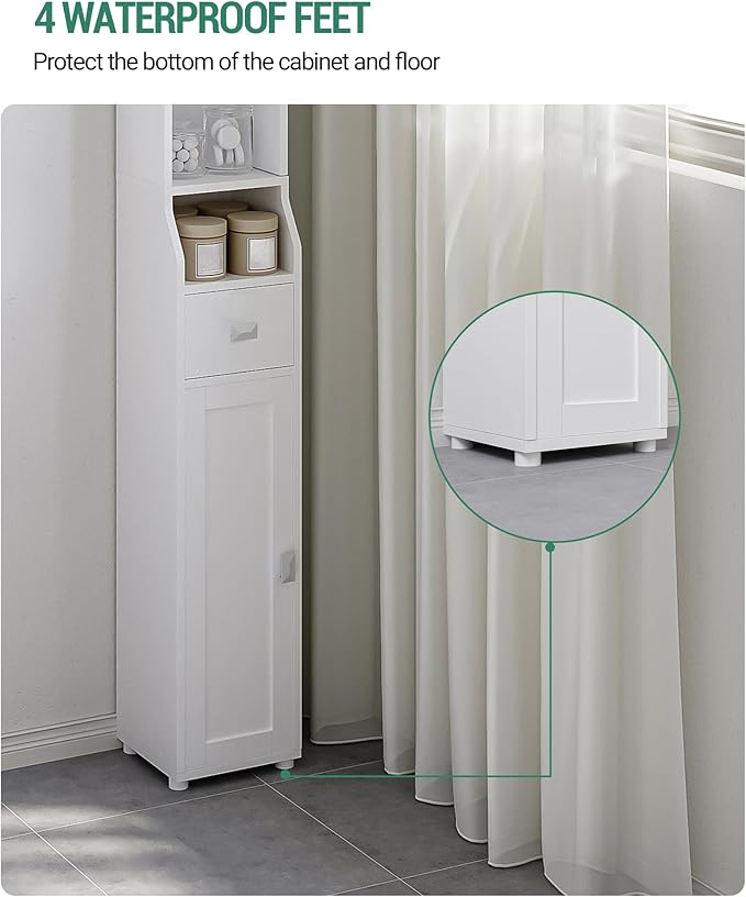 HEXCELEN Bathroom Storage Cabinet, Narrow Tall Bathroom Cabinet, Freestanding Floor Cabinets with 2 Doors and 1 Drawer, Toilets Organizer with Adjustable Shelf, 1 Hook for Small Spaces, White