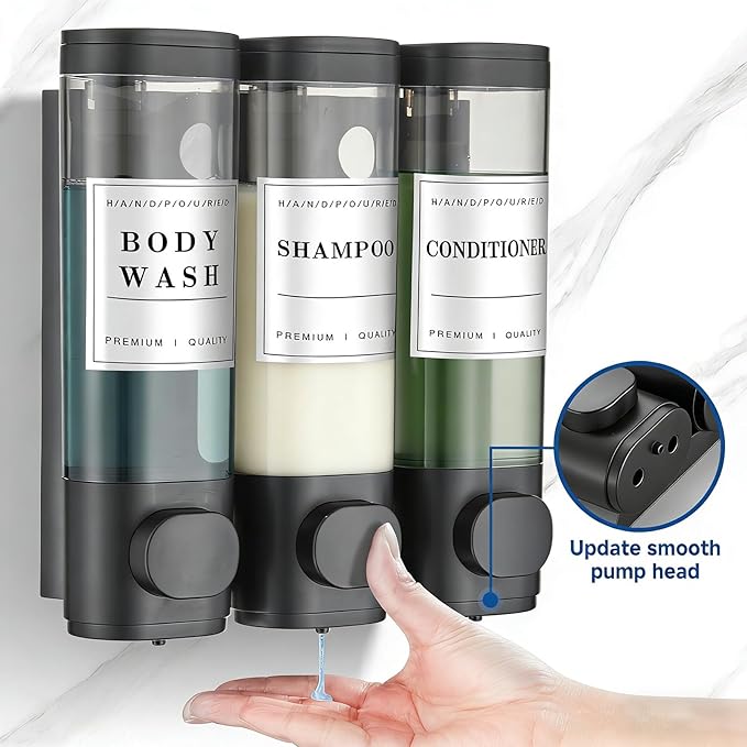 Shower Soap Dispenser Wall Mounted No Drill Shampoo Dispenser for Shower Wall Shampoo and Conditioner Dispenser Bathroom Hotel 3 * 300ml Black with Labels