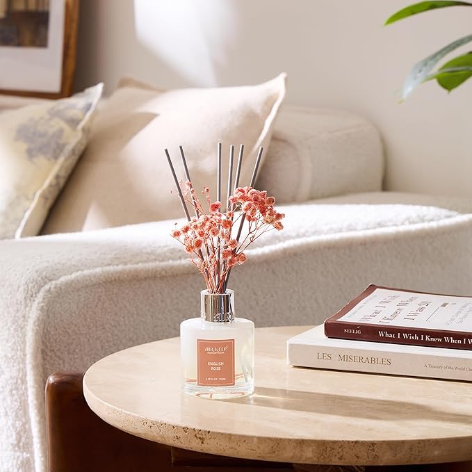 Airkeep Reed Diffuser Set,3.38 fl oz (100 ml) - English Rose Oil Diffusers with 8 Reed Sticks, Home Fragrance Reed Diffuser for Bathroom Shelf Decor