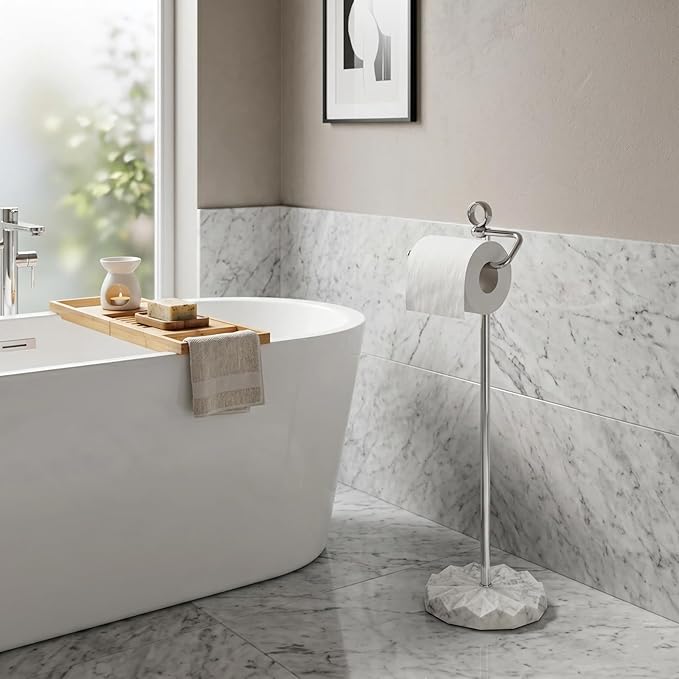 ROLABAM Modern Free Standing Toilet Paper Holder with White Marble Pattern Weighted Base, Brushed Nickel Rustproof Metal Tissue Stand, Decorative Bathroom Floor Roll Holder