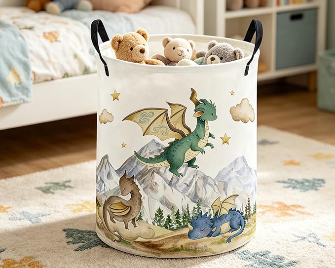 ESSME Kids Laundry Basket,Dinosaur Hamper Collapsible Canvas Waterproof Storage Bin for Girls, Cute Hamper,Gift Baskets(Mountain dinosaur)