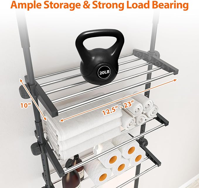 4-Tier Over The Toilet Storage Shelf, 4.5-9.5 FT Adjustable Bathroom Organizer, Heavy Duty Metal Shelves Above Behind Toilet Laundry, Space-Saving Shelving for Small Rooms, No Drill Tenant Friendly