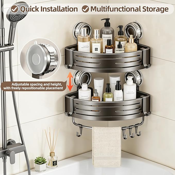 Corner Shower Caddy,Suction Cup Shower Bathroom Wall Shelf,No Drill Rust Proof Aluminum Organizer with Hooks,Floating Rack for Inside (Suction Cup Corner Shower Caddy,2 Tier,Gray)