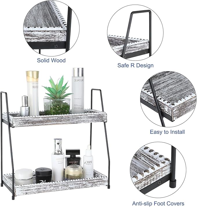 Gurfuy Bathroom Vanity Organizer 2-Tier Wood Countertop Storage Counter Shelf for Makeup Skincare Perfume Jewelry Tray Spice Rack White