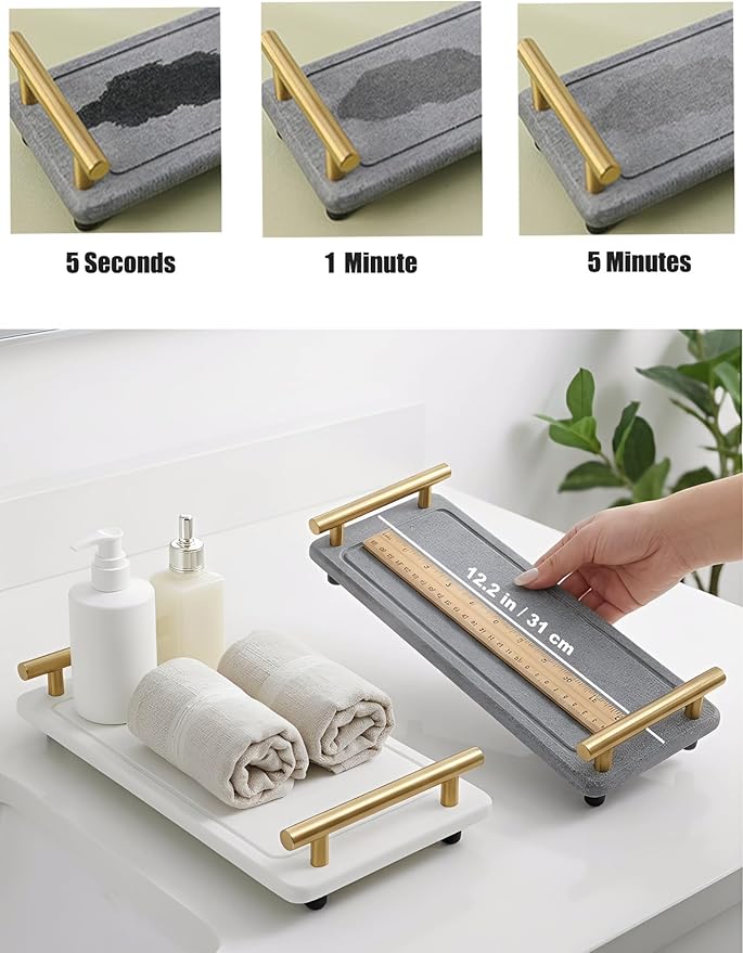 Instant Dry Sink Caddy Organizer,Diatomaceous Earth Bathroom Organizer with Handle Water Absorbing Stone Tray for Sink Water Absorbent Diatomite Coasters (L White Gold Handle)