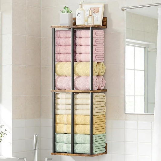 Towel Racks for Bathroom Wall Mounted with Shelf, Updated 3 Bar Bathroom Towel Holder Bath Storage Rack for Rolled Towel, Metal Small Bathrooms Towel Storage Rack, Rustic