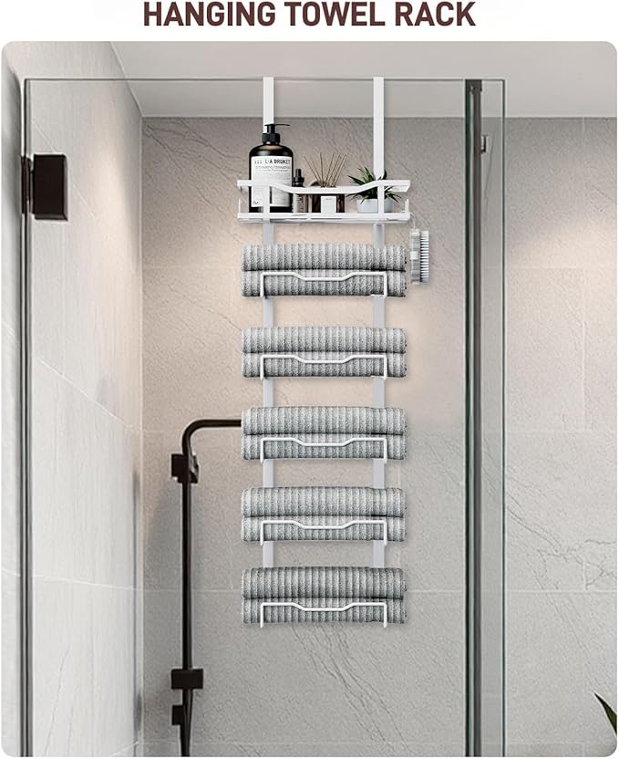 Aetyord Hanging Towel Racks for Bathroom No Drill - Over The Door 6-Tier Bath Towel Storage Organizer for Small Bathrooms - Back Door Large Tiered Towel Holder Hanger for Rolled Towels RV Camper White