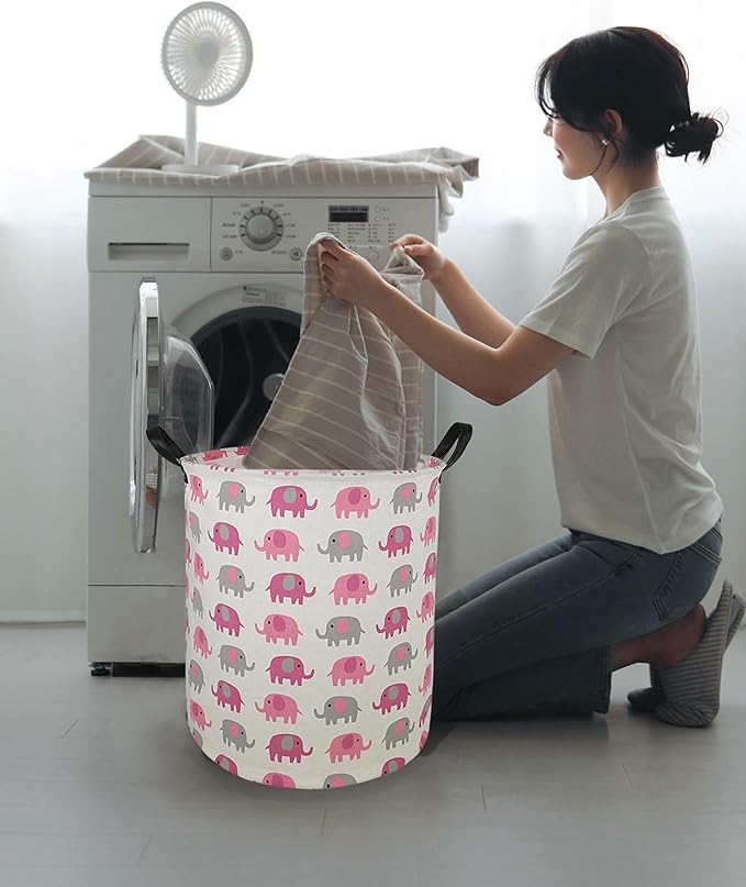 Round Pink Elephant PatternLaundry Hamper Storage Basket Fabric Material Storage Hamper Organization Basket, Storage Bin, Gift Box with Handles for Room