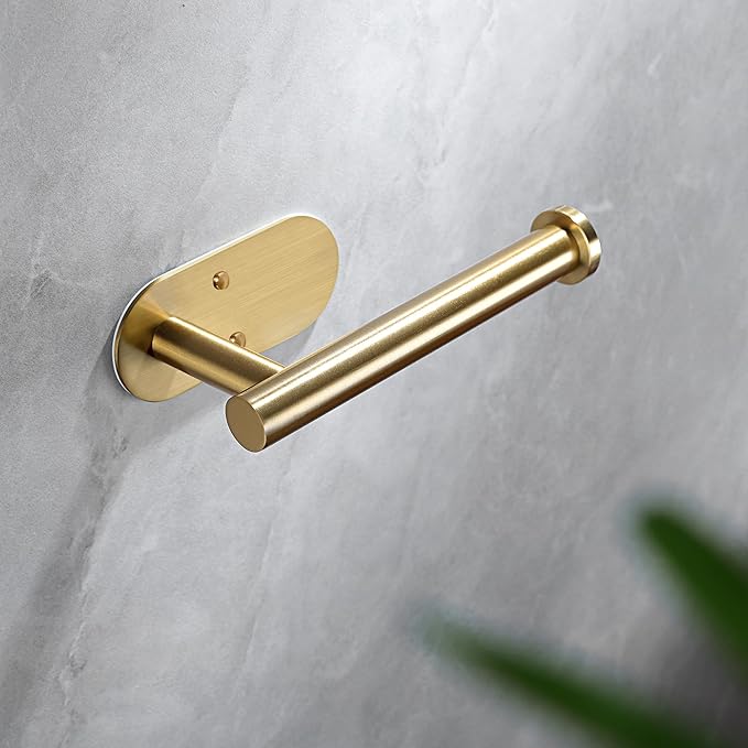 YIGII Adhesive Toilet Paper Holder - Brushed Brass Toilet Roll Holder Stick on Wall for Bathroom, SUS 304 Stainless Steel