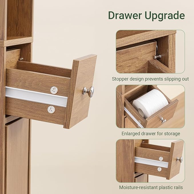 Haotian Bathroom Narrow Storage Cabinet Skinny Tall Unit with Adjustable Shelves Slender Anti-Tipping Floor Standing Cupboard, Natural BZR34-PF