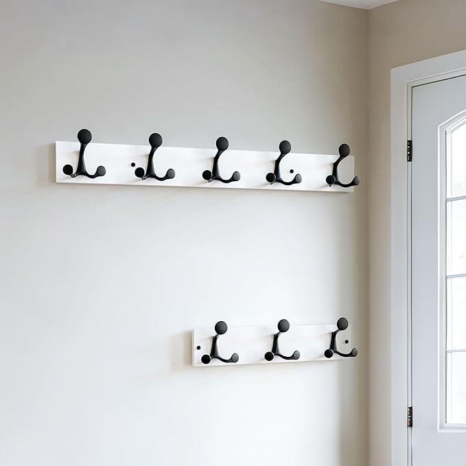 SKOLOO 24-Inch White Wood Coat Rack Wall Mount with 5 Triple Hooks - Ideal for Family Entrances, Classrooms, and Pet Supplies Storage - Perfect Coat Hooks for Wall, Pack of 2