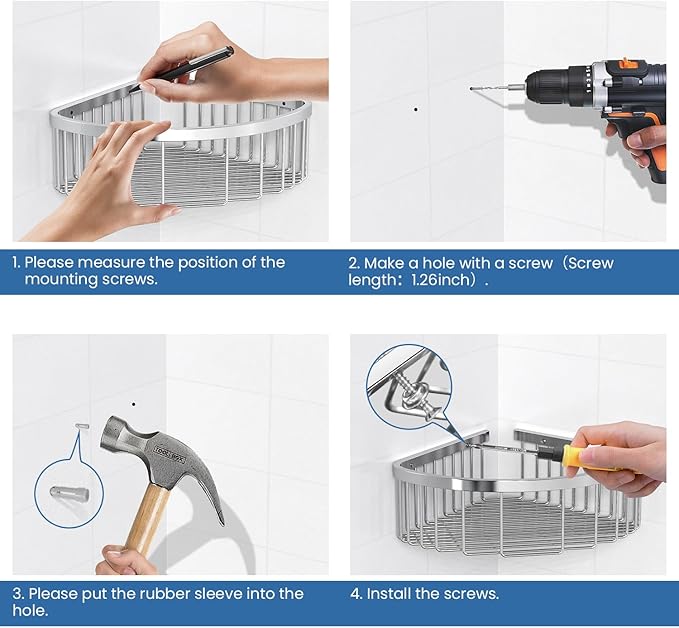 Shower Basket Stainless Shower Corner Shelf, 304 Caddy Stainless Steel Rustproof, Organizer Wall Mounted Basket(Includes Screws)