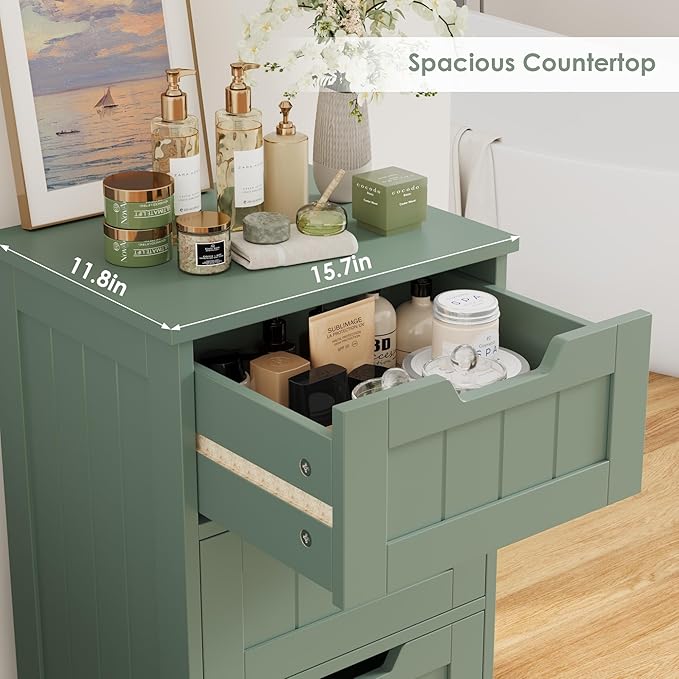 FOTOSOK Bathroom Cabinet, Bathroom Storage Cabinet with 5 Drawers, Wooden Storage Cabinets with Cut-Out Handles, 11.8” x 15.7” x 40.1” Bathrooms Floor Cabinets for Hallway/Living Room, Green