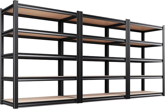 3-Pack 71.2"H Storage Shelves, 5 Tier Adjustable Wood Garage Shelving, Utility Tall Metal Shelving Unit, Easy to install Standing Garage Storage for Warehouse,Bedroom,Basement,45.6"WX17.7"DX71.2"H