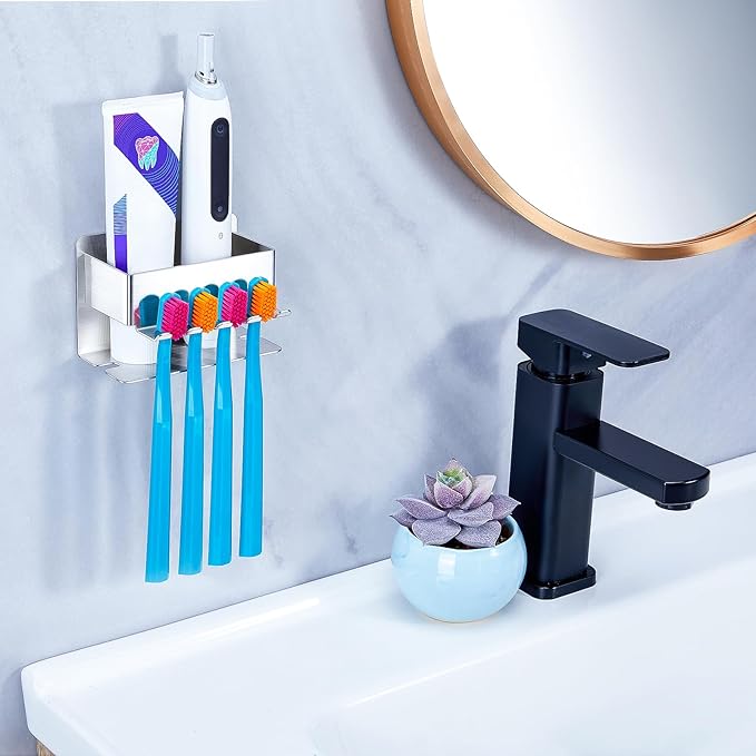 Toothbrush Head Holders, Electric Tooth Brush Head Holder, Adhesive Toothpaste Holder for Shower Bathrooms, Wall Mounted Tooth Brushing Holder Organizer Storage (Silver, Small)