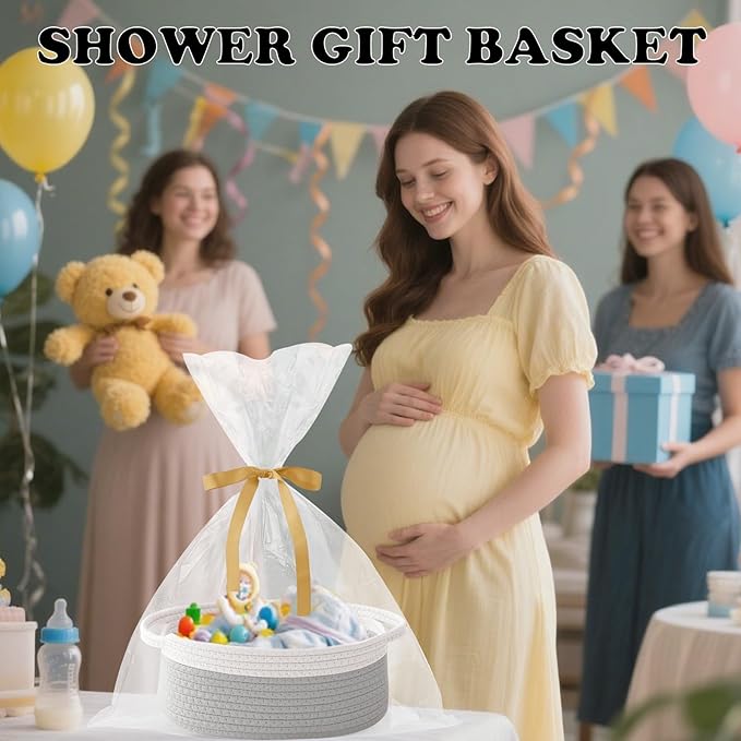 2 Pack Small Woven Rope Basket-Empty Gifts Basket with Bag and Ribbons,Cute Handle Organizer Box for Birthday/Baby Shower, Toy Storage, Nursery Organizing & Shelf Decor(White&Grey)