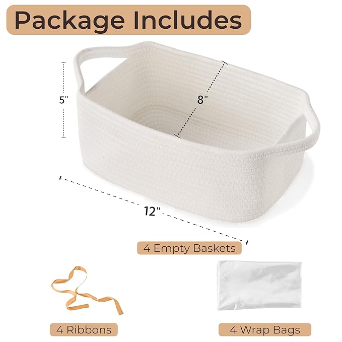 Small Woven Gift Basket Empty with Bag & Ribbon - Gifts for Mom, Baby Shower, Birthdays & Raffle - Cotton Rope Storage Basket for Dog Toys or Shelf - 12"x8"x5", White, 4 Packs