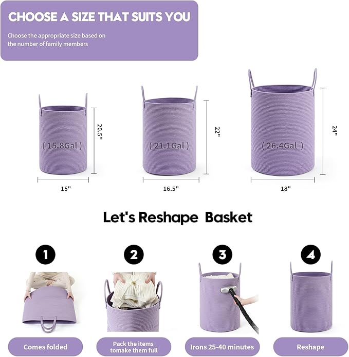 Laundry Basket Hamper Tall Rope Storage Woven for Blanket toys Dirty Clothes in Living Room Bathroom Bedroom (Purple, 100L/26.4Gal)