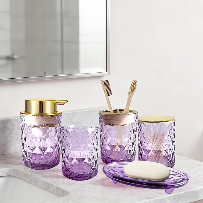 5PCS Bathroom Accessory Set,Purple Bathroom Countertop Organizer Set with Soap Dispenser, Toothbrush Holder, Tumbler, Q-tip Holder & Soap Dish,Elegant Functional Glass Set, Gift for Home & Apartment