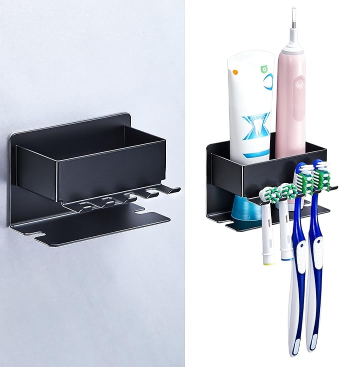 Toothbrush Head Holders, Electric Tooth Brush Head Holder, Adhesive Toothpaste Holder for Shower Bathrooms, Wall Mounted Tooth Brushing Holder Organizer Storage (Black, Small)