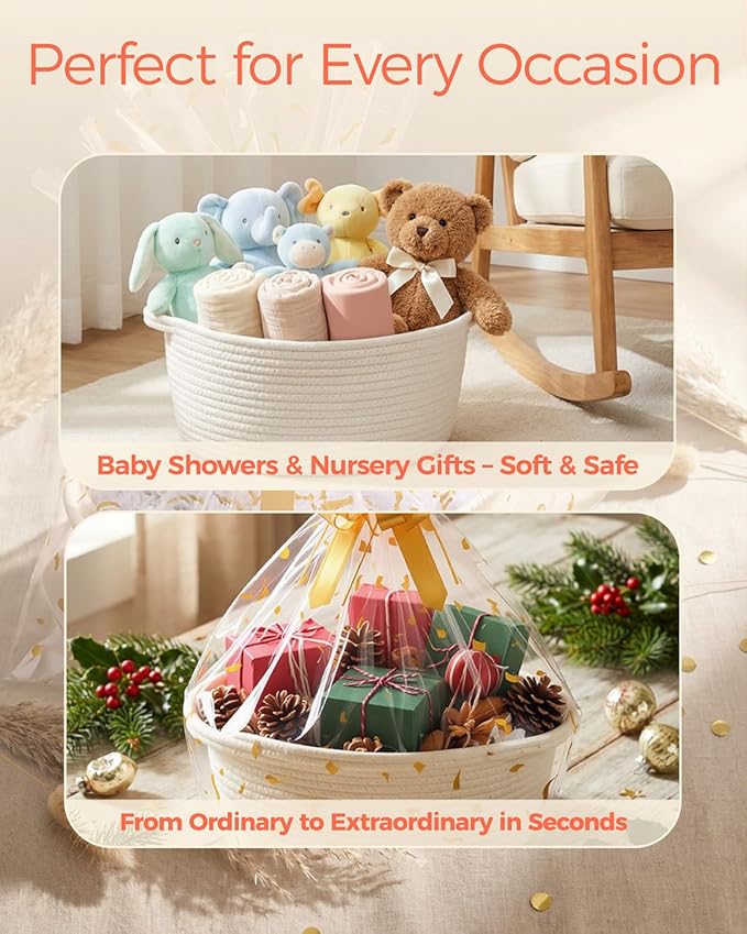 SUNCOLOR Small Woven Gift Basket Set with Cut Paper Shred Filler, Pull Bow & Cellophane Bag, 12x8x5 Inch Durable Cotton Rope Storage Basket for Easter, Baby Shower, Birthday, Holidays