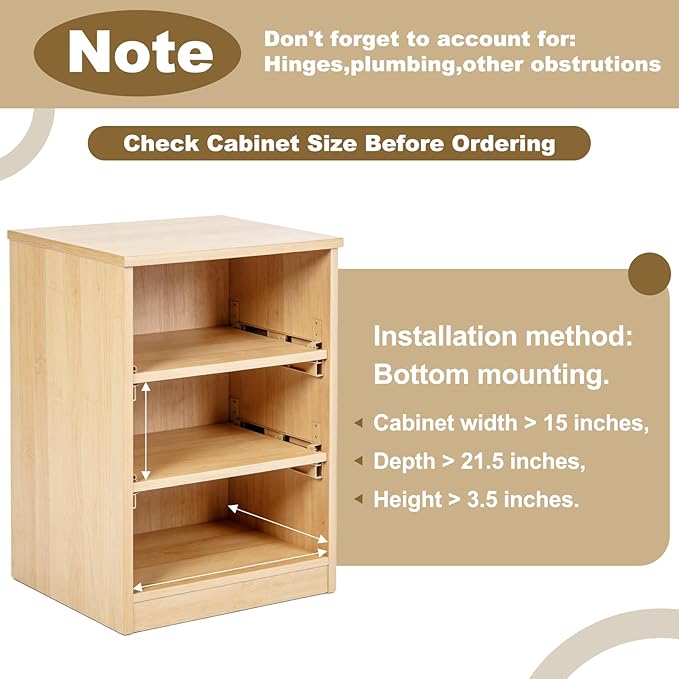 14" Pull Out Cabinet Drawer (Fits 15" Cabinet Opening), Wood Slide Out Cabinet Shelf Organizer with Ball Bearing Slides, Clear Lacquer Finish, Heavy Duty Kitchen Cabinet Pull Out Shelves