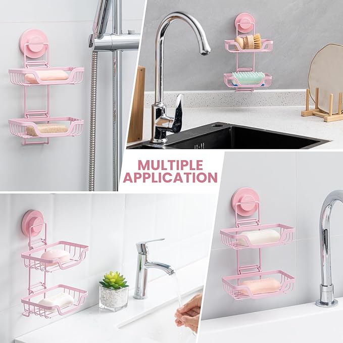 TAILI Double Layer Soap Holder, Bar Soap Dish Suction Cup for Shower Wall, Draining Saver Tray for Bathroom, Rustproof Stainless Steel Sponge Holder for Tub, Kitchen, Drill-Free, Pink