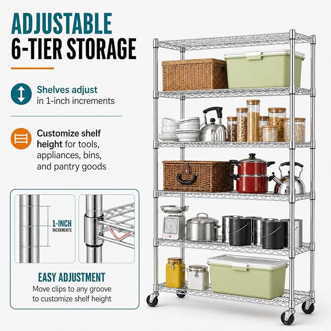 6-Tier Heavy Duty Wire Shelving Unit with Wheels or Leveling Feet, 6000 LBS Total Capacity, Adjustable Metal Storage Rack for Garage, Pantry, Kitchen, Basement, 48" W x 18" D x 76" H, Chrome
