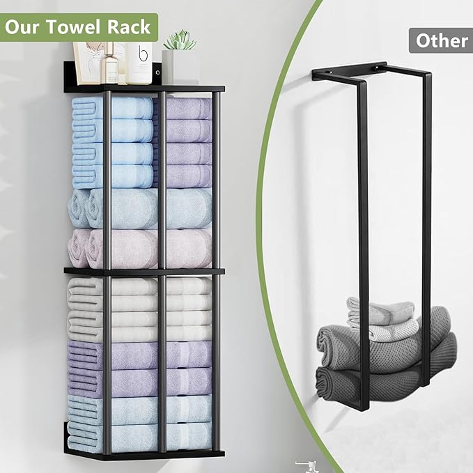 Towel Racks for Bathroom Wall Mounted with Shelf, Updated 3 Bar Bathroom Towel Holder Bath Storage Rack for Rolled Towel, Metal Small Bathrooms Towel Storage Rack, Black