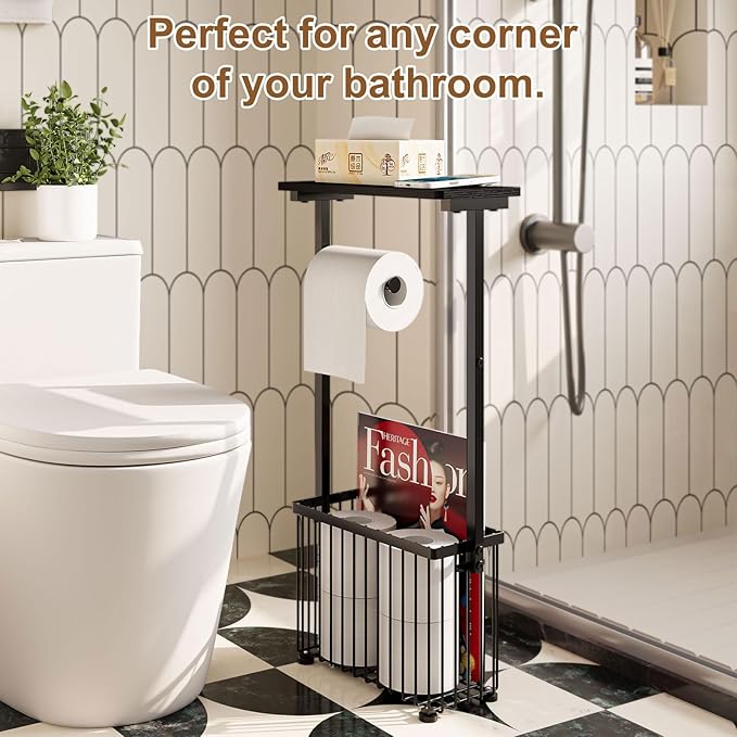 Free Standing Toilet Paper Holder Toilet Storage Stand Bathroom Holder with Storage Paper Towel Holder with Shelf,Simple Black,Can Hold 4-6 Rolls.Place Mobile Phones