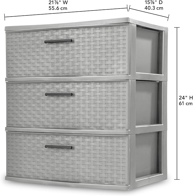 Sterilite 4 Pack 3 Drawer Wide Storage Tower, Plastic Weave Organizer, Cement - Lightweight Opaque Container for Bedrooms, Closets, or Bathrooms
