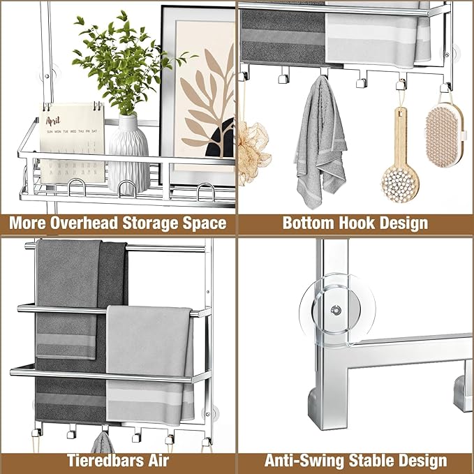 Aetyord Towel Racks for Bathroom Over The Door Towel Rack Towel Storage with Metal Shelf Basket and Hooks Silver