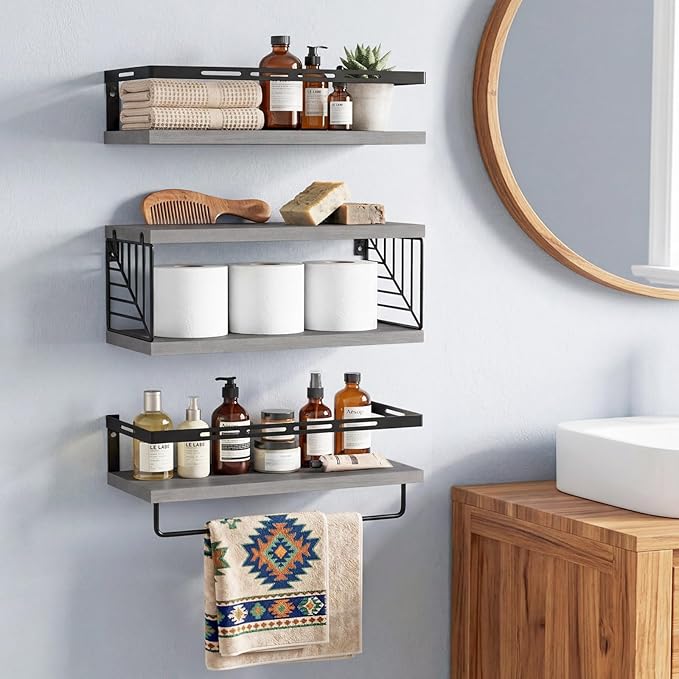 Fixwal Wall Mounted Bathroom Shelves Over Toilet, Rustic Wood Floating Shelves with Metal Frame and Towel Bar for Bathroom, Kitchen, Bedroom, Living Room (3 Plus 1 Gray)