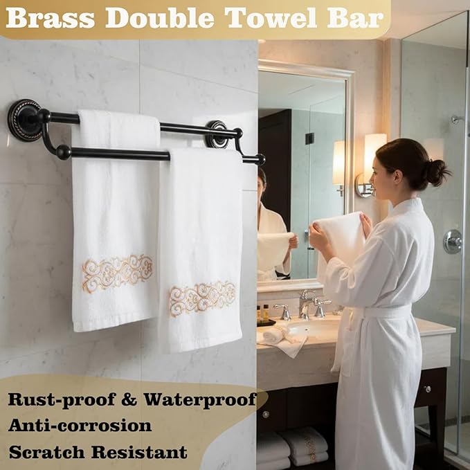 Double Towel Bar, Antique Brass Towel Racks for Bathroom Wall Mount, Adjustable Vintage Black Towel Bar 13.4"-24.8" Usable Bar Length, Heavy Duty Rustproof Bathroom Towel Rod Holder for Kitchen