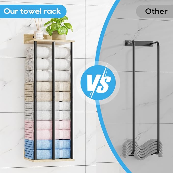 Towel Racks for Bathroom Wall Mounted, 3 Bar Wall Towel Rack for Rolled Towels, Metal Towel Holder with Wooden Shelf, Sturdy and Large Capacity, Towel Storage Organizer