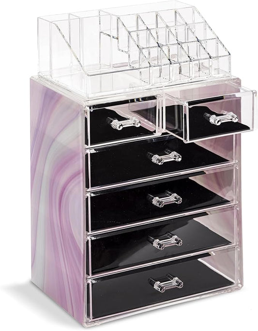 Sorbus Acrylic Makeup Organizer Set, 6-Drawer Vanity & Countertop Cosmetic Storage with Small & Wide Compartments, Tie Dye Makeup Storage for Brushes, Jewelry – Holiday Gift for Women & Teens