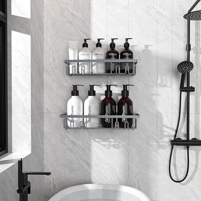 Getsrichfc Shower Caddy Adhesive, Rustproof Shower Shelves for Inside Shower, Large Capacity Bathroom Organizers and Storage, Shower Storage with Removable Hooks, No Drill Bathroom Accessories Grey
