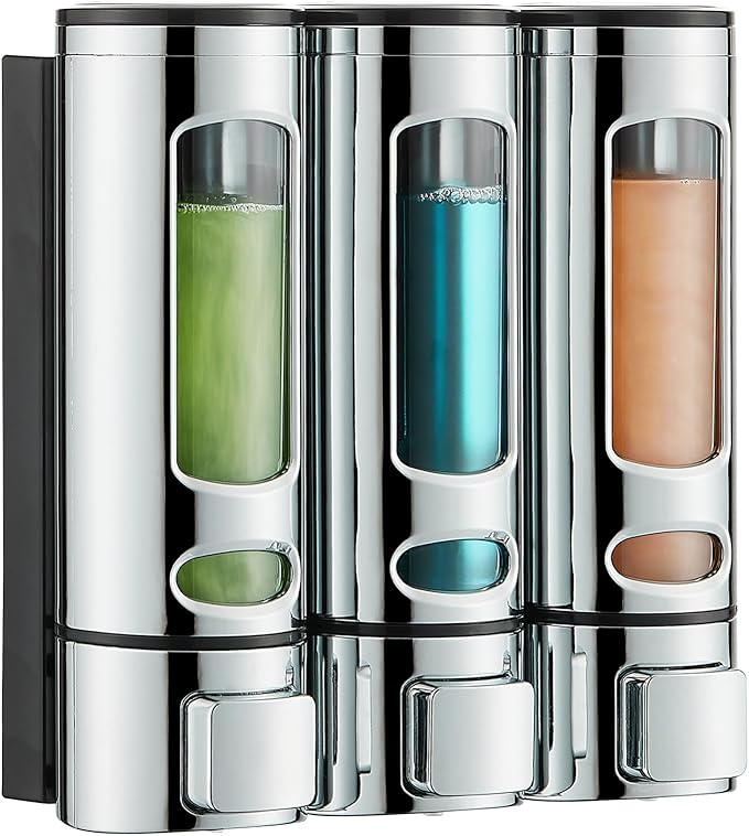 Shampoo and Conditioner Dispenser,Shower Shampoo Dispenser 3 Chamber No Drilled Shampoo Dispenser for Shower Wall Mounted Shower Dispenser Body Wash Dispenser for Bathroom Kitchen Hotel,Chrome