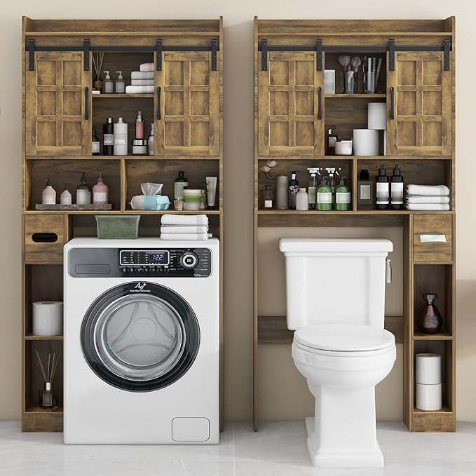 Halitaa Over The Toilet Storage Cabinet, Farmhouse Storage Cabinet Over Toilet with Sliding Doors，Home Space-Saving Toilet Rack, for Bathroom, Restroom, Laundry(Brown