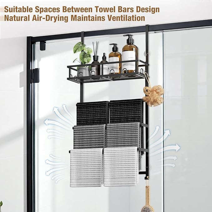 Aetyord Towel Racks for Bathroom Over the Door Towel Rack Towel Storage with Metal Shelf Basket and Hooks Black