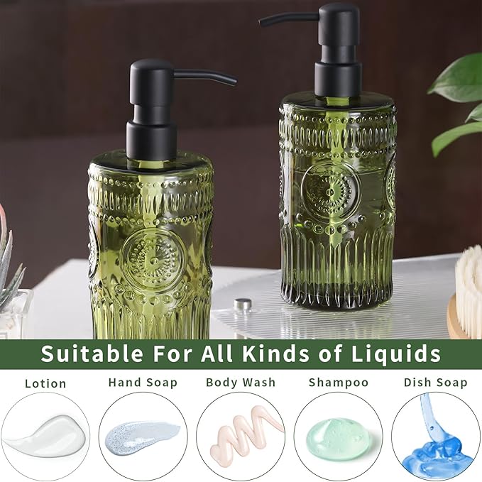 17 OZ Sunflower Embossed Glass Soap Dispenser - 2 Pack, with 304 Rust Proof Stainless Steel Pump, Glass Soap and Lotion Dispenser Set, Liquid Hand Soap Dispenser for Home, Kitchen & Bathroom (Green)