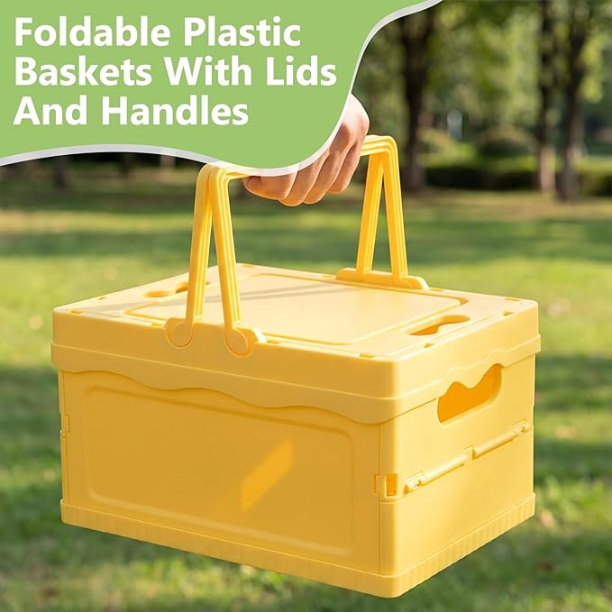 4 Pcs Pastel Plastic Storage Bin with Lid and Handle Cute Collapsible Storage Crates Foldable Plastic Basket Stackable Bins for Home Kitchen Office Bathroom Picnic (Pink,Green,Blue,Yellow)
