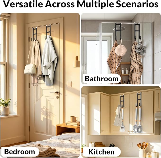 Heavy Duty Door Hooks for Hanging Clothes & Towels, 2 Pack Dual Over Door Hanger with Anti-Scratch Rubber, Rustproof Metal Back of Door Rack, Fits Interior Doors Up to 1 3/8"