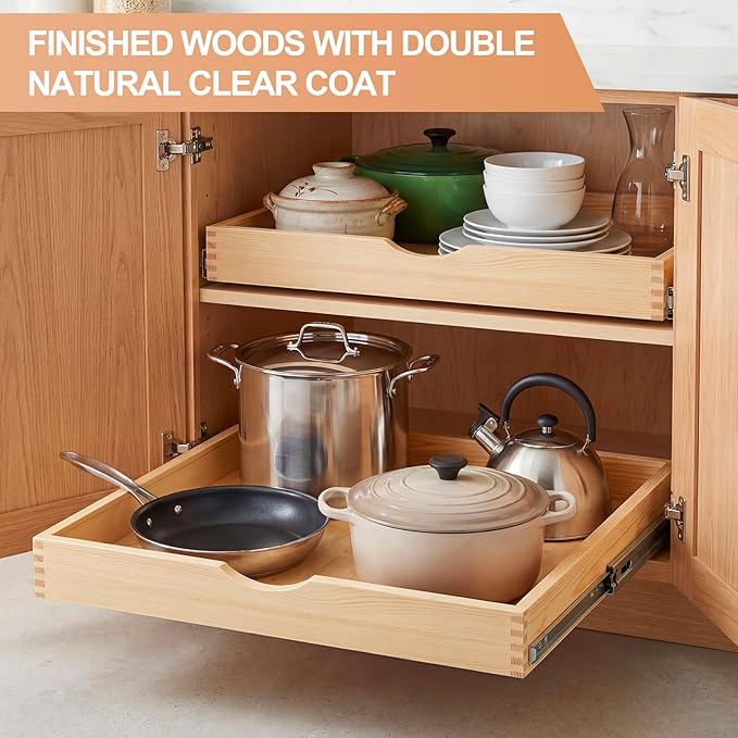 Menkxi 2 Set Wooden Pull out Cabinet Organizer Fully Assembled Slide out Pantry Drawer with Gentle Close Storage Shelf Tray for Base Kitchen Under Sink Bathroom Accessory(Wood Color,30'' X 21'' X 3")