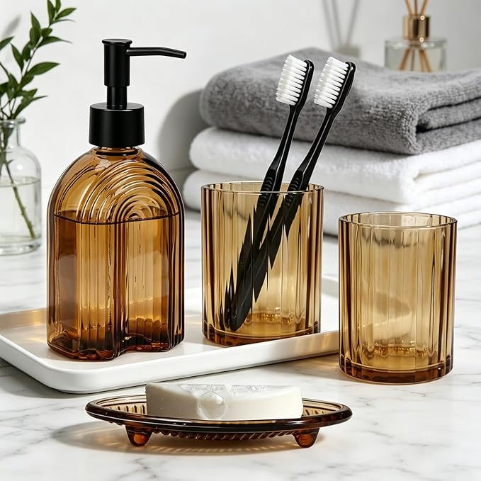 Amber Bathroom Accessories Set, 4Pcs Glass Bathroom Accessories Set Complete Lotion Soap Dispenser, Toothbrush Holder, Mouthwash Cup, Soap Dish for Bathroom Decor, Countertop Organizer
