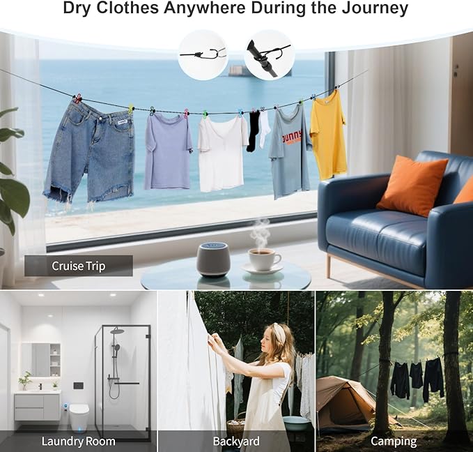 F-color Cruise Essentials 2026-7 Pockets Mesh Shower Organizer Hanging Bundle with Retractable Clothesline, Quick-Dry, Portable Toiletry Bag Travel Laundry Drying Kit for RV Hotel Camping, White