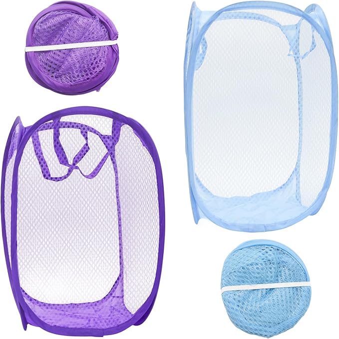 2Pcs Small Laundry Hampers, Folding Popup Mesh Laundry Basket, Collapsible Dirty Clothes Hamper, Portable Mesh Popup Hamper, Ideal for Bedroom, Travel and Home Use (Purple & Blue)