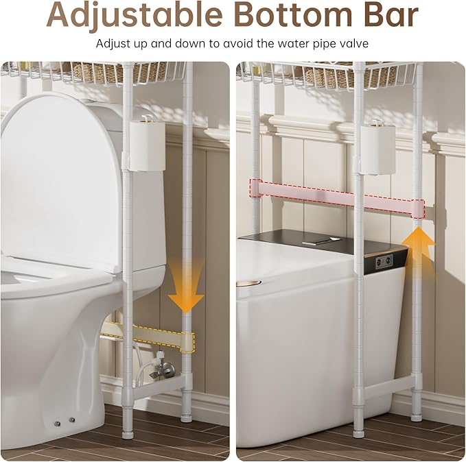 Golpart 3-Tier Over-The-Toilet Storage Shelf,Heavy-Duty Adjustable Bathroom Rack with 2 Mesh Baskets,Toilet Paper Holder & Hooks,Space-Saving Organizer for Bathroom,10”D x 24”W x 66”H,White