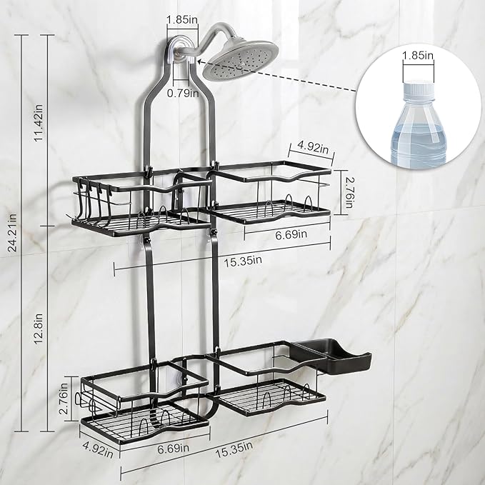 Shower Caddy Hanging Organizer, Rustproof Shower Organizer Hanging for Handheld Showerhead with Hooks for Razor/Sponge, Bathroom Caddy Rack Shower Shelves for Shampoo Soap Towels, Black